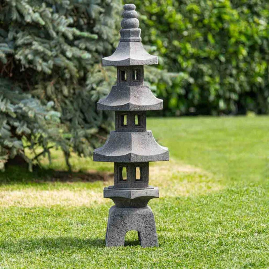 Lanterne japonaise pagode en pierre de lave jardin zen 100 cm
