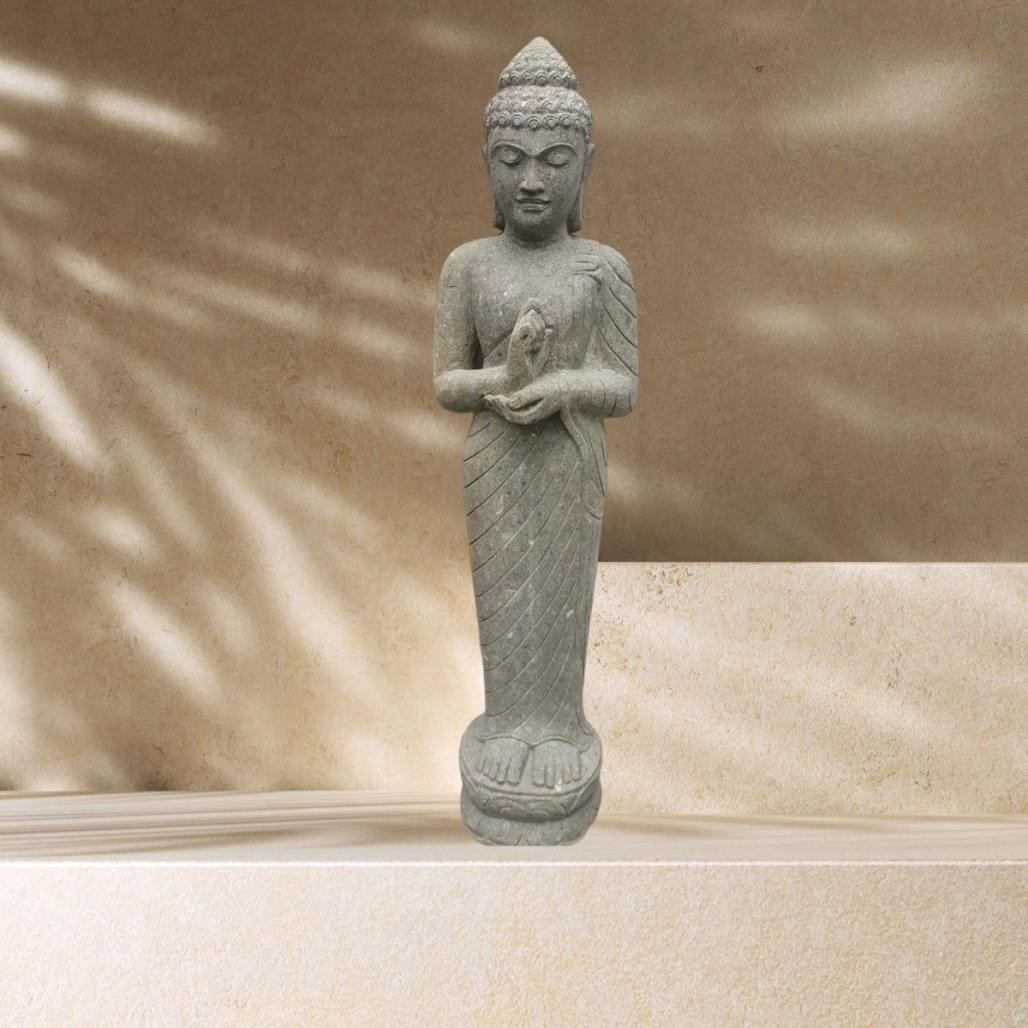 Statue de jardin en pierre volcanique bouddha debout chakra 1m50