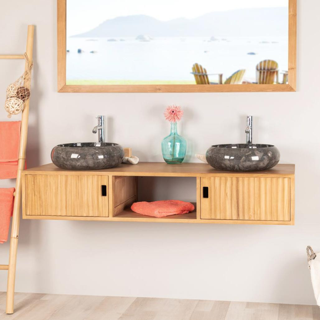 Meuble de salle de bain suspendu double vasque en teck Mya 145 cm