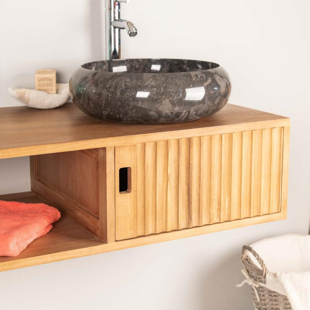 Meuble de salle de bain suspendu double vasque en teck Mya 145 cm