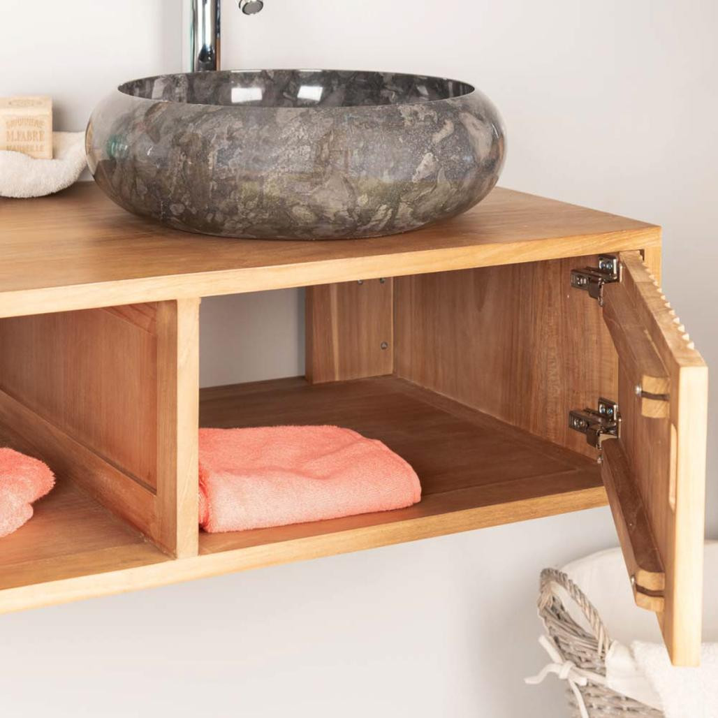 Meuble de salle de bain suspendu double vasque en teck Mya 145 cm