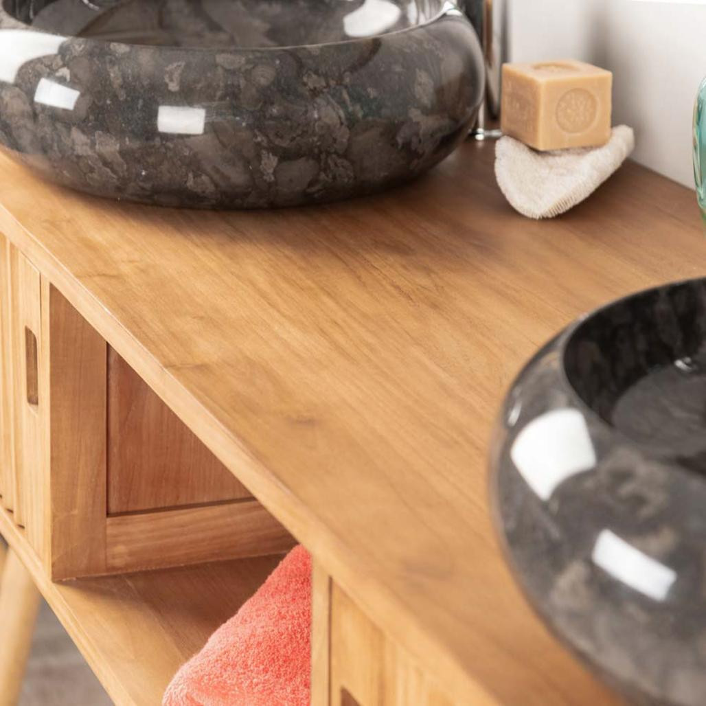 Meuble de salle de bain suspendu double vasque en teck Mya 145 cm