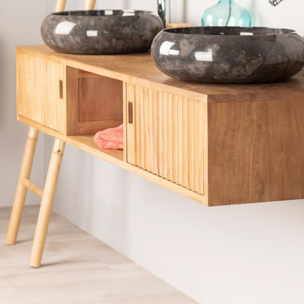 Meuble de salle de bain suspendu double vasque en teck Mya 145 cm