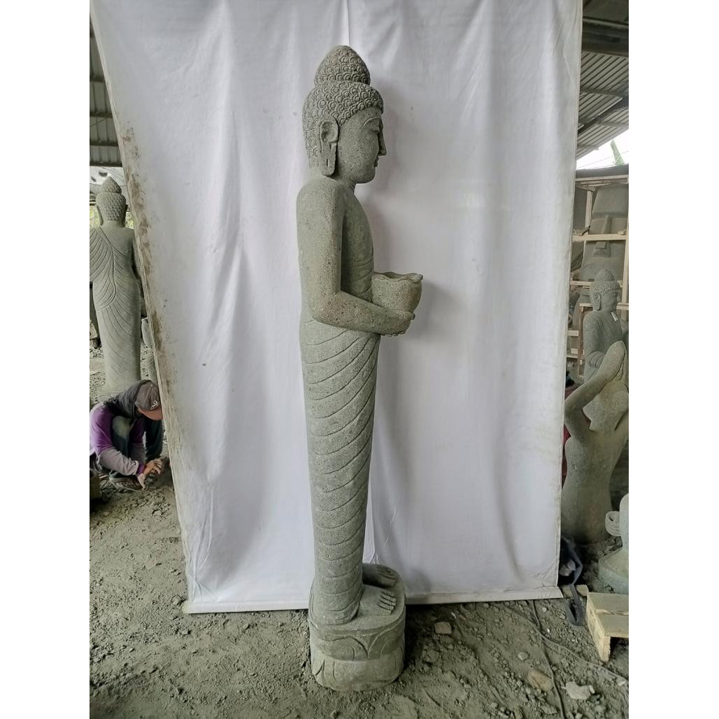 Statue en pierre volcanique bouddha debout bol offrande 150 cm Statue en pierre volcanique bouddha debout bol offrande 150 cm