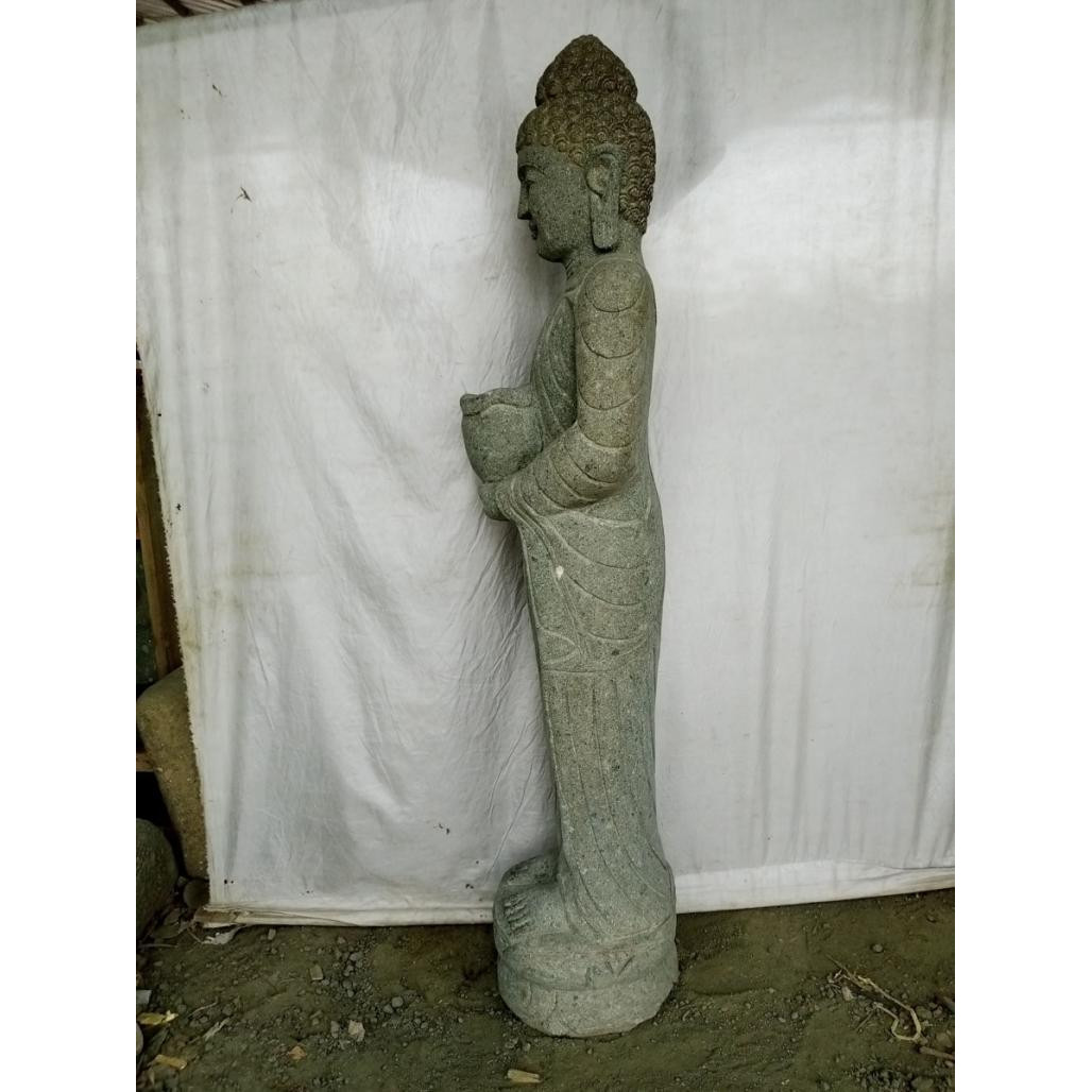 Statue en pierre volcanique bouddha debout bol offrande 150 cm Statue en pierre volcanique bouddha debout bol offrande 150 cm
