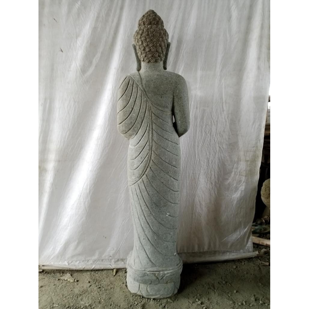 Statue en pierre volcanique bouddha debout bol offrande 150 cm Statue en pierre volcanique bouddha debout bol offrande 150 cm