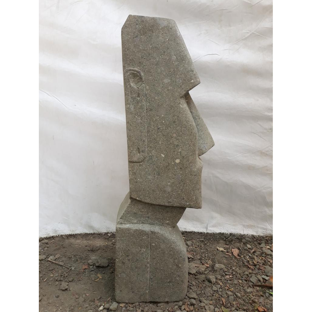 Statue jardin zen moai visage allongé en pierre volcanique 100 cm Statue jardin zen moai visage allongé en pierre volcanique 100 cm