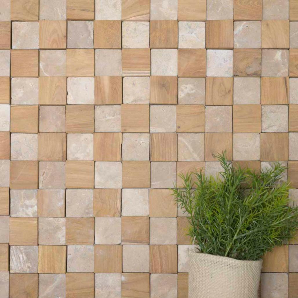 Parement mural carrés pierre et teck beige 55x20 cm