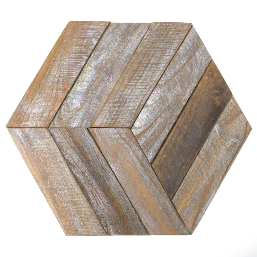 Parement en teck recyclé patiné hexagonal plaque 28x24 cm Parement en teck recyclé patiné hexagonal plaque 28x24 cm