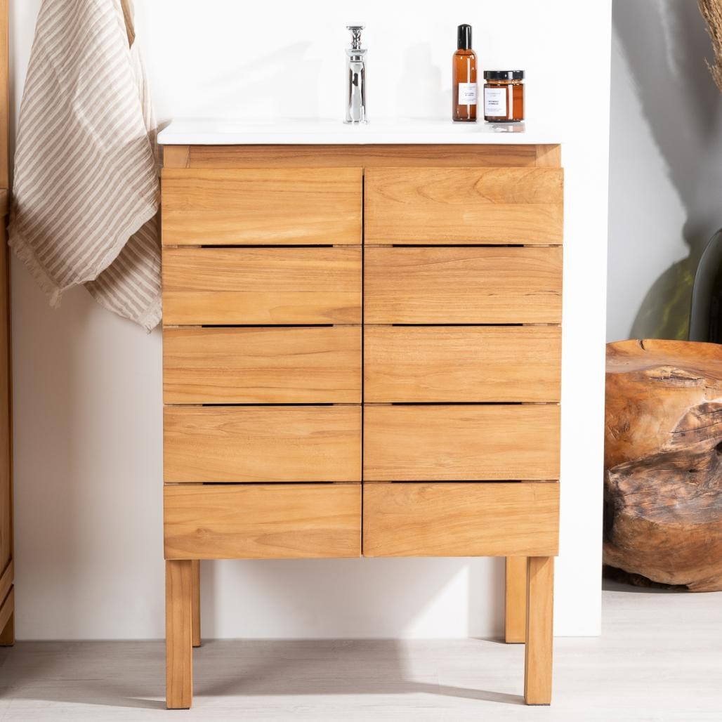 Meuble salle de bain en teck et céramique Ananta 60 cm Meuble salle de bain en teck et céramique Ananta 60 cm