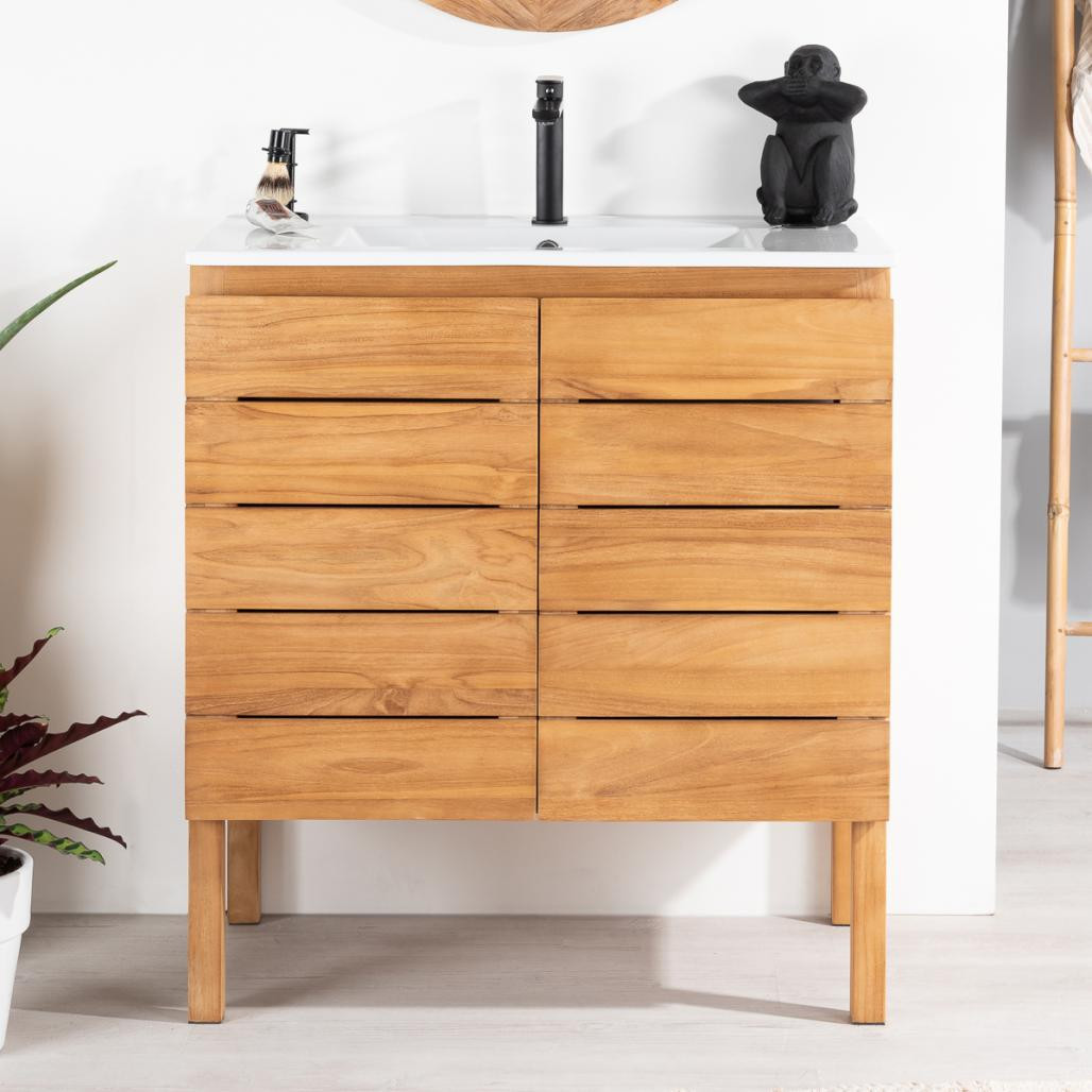 Meuble salle de bain en teck massif et céramique Ananta 80 cm Meuble salle de bain en teck massif et céramique Ananta 80 cm