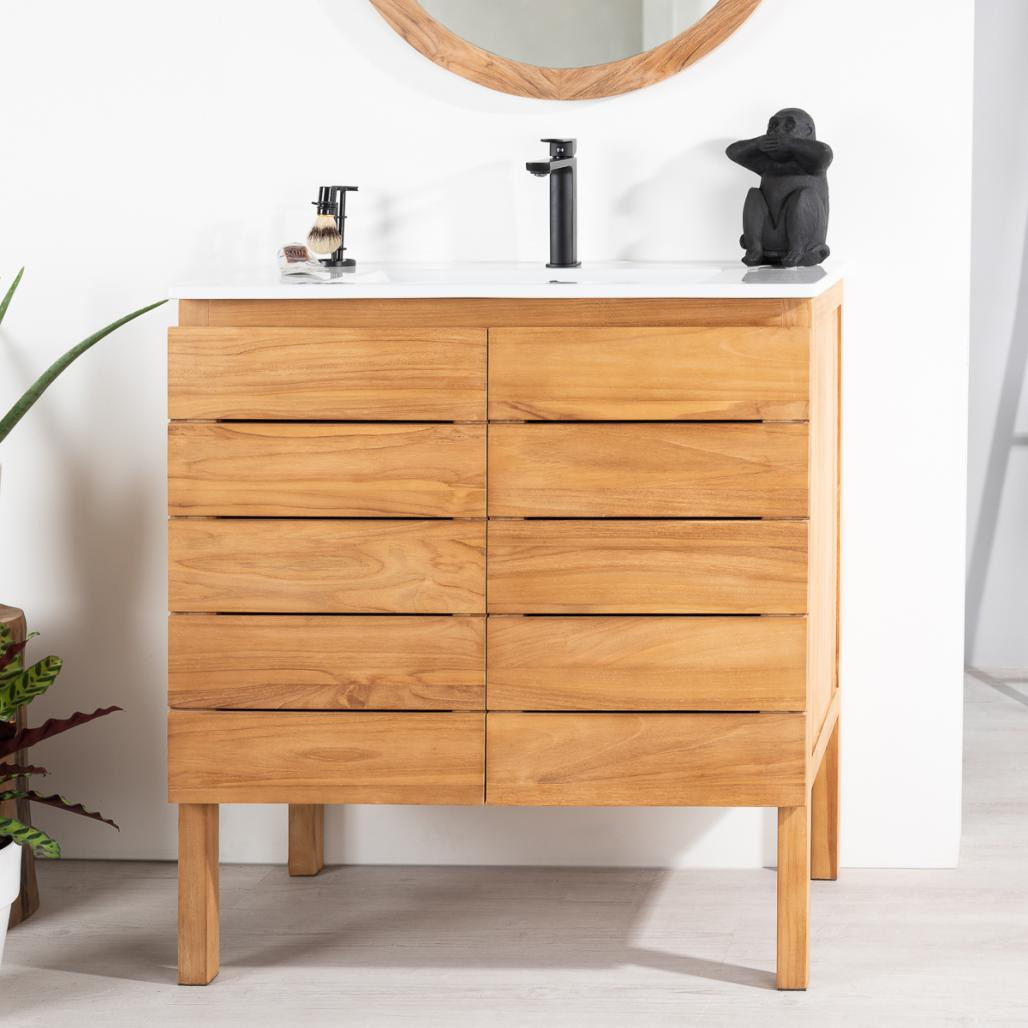 Meuble salle de bain en teck massif et céramique Ananta 80 cm Meuble salle de bain en teck massif et céramique Ananta 80 cm