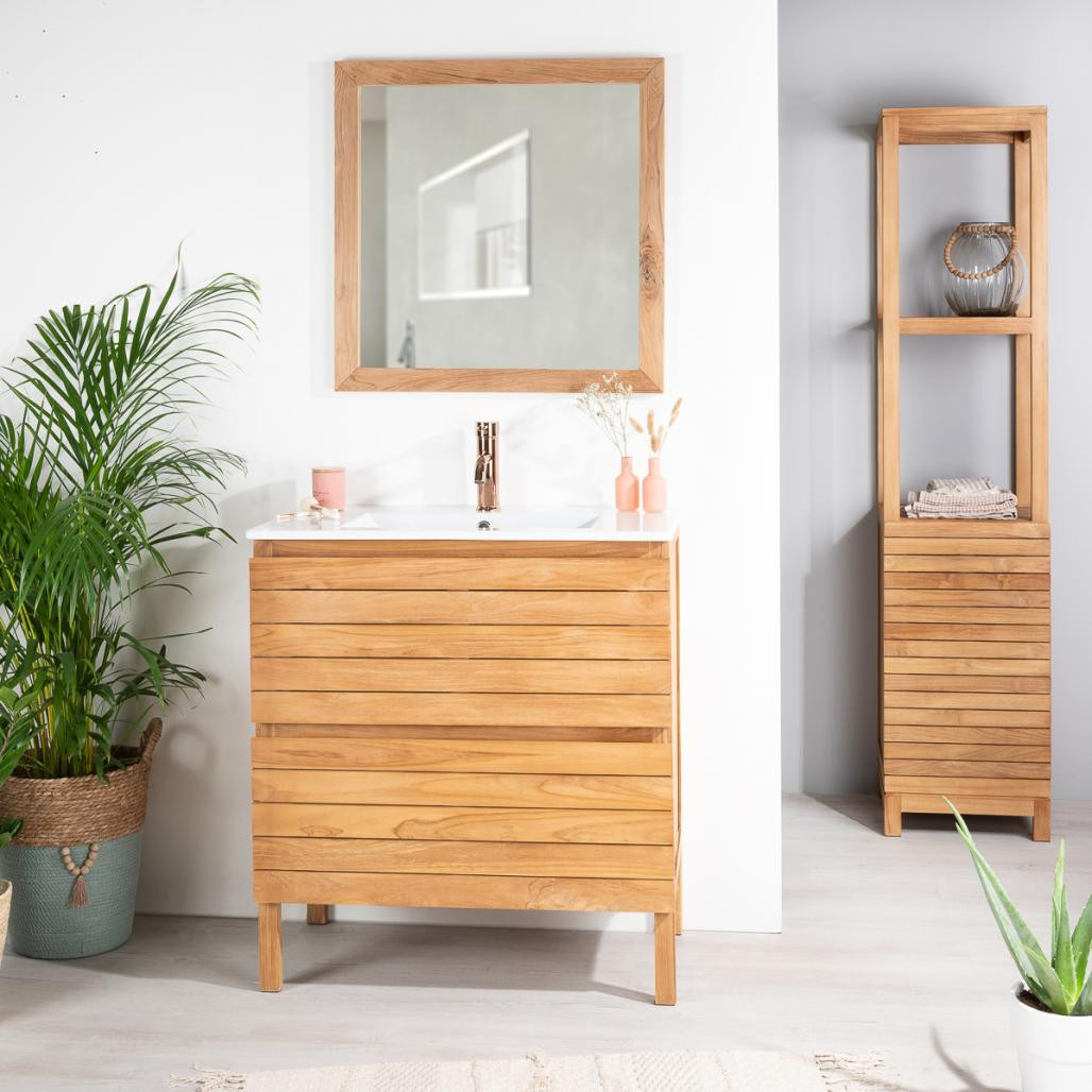 Meuble salle de bain en teck et céramique Toni 80 cm