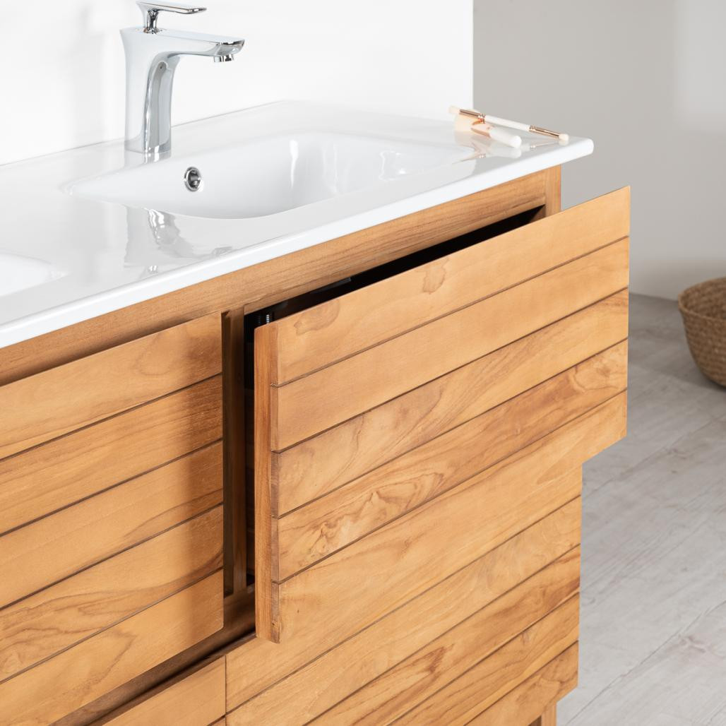 Meuble salle de bain en teck massif et céramique Toni 140 cm