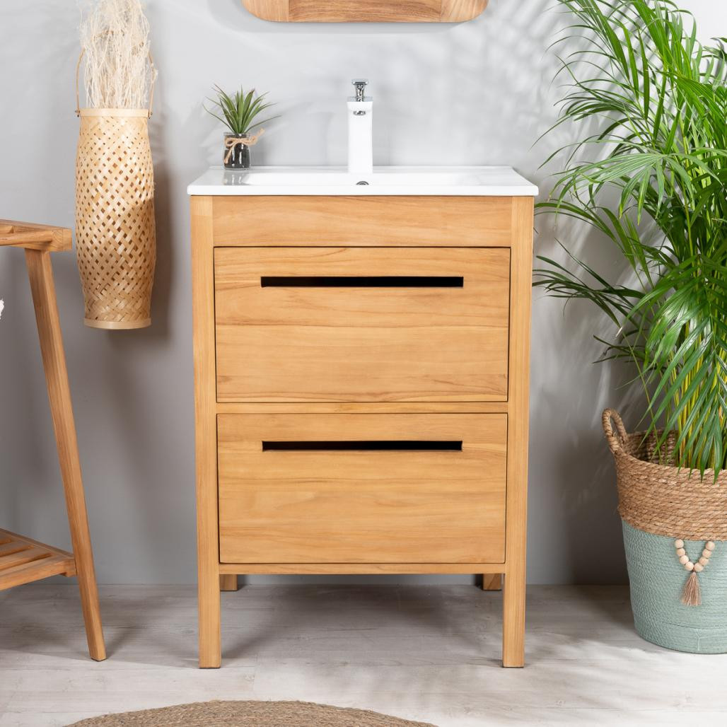 Meuble salle de bain en teck et céramique Sira 60 cm Meuble salle de bain en teck et céramique Sira 60 cm