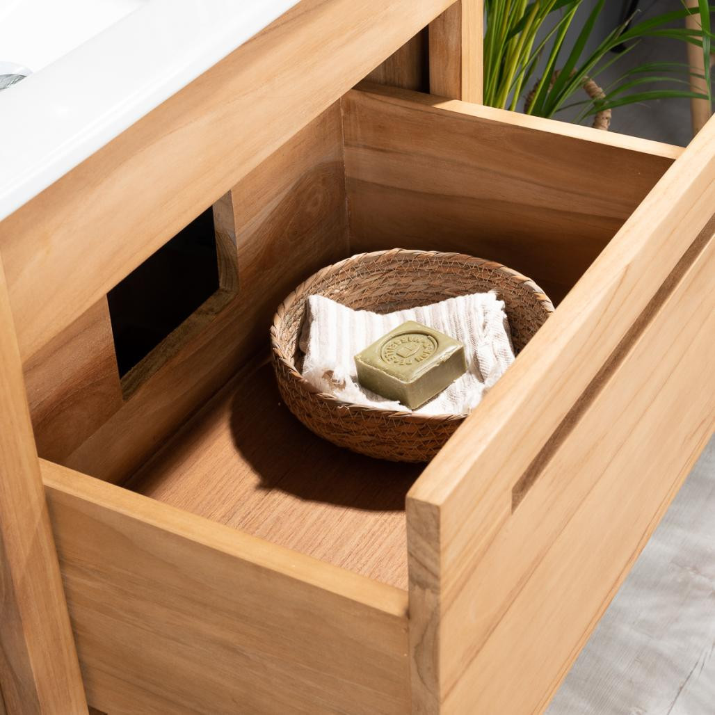 Meuble salle de bain en teck et céramique Sira 60 cm Meuble salle de bain en teck et céramique Sira 60 cm