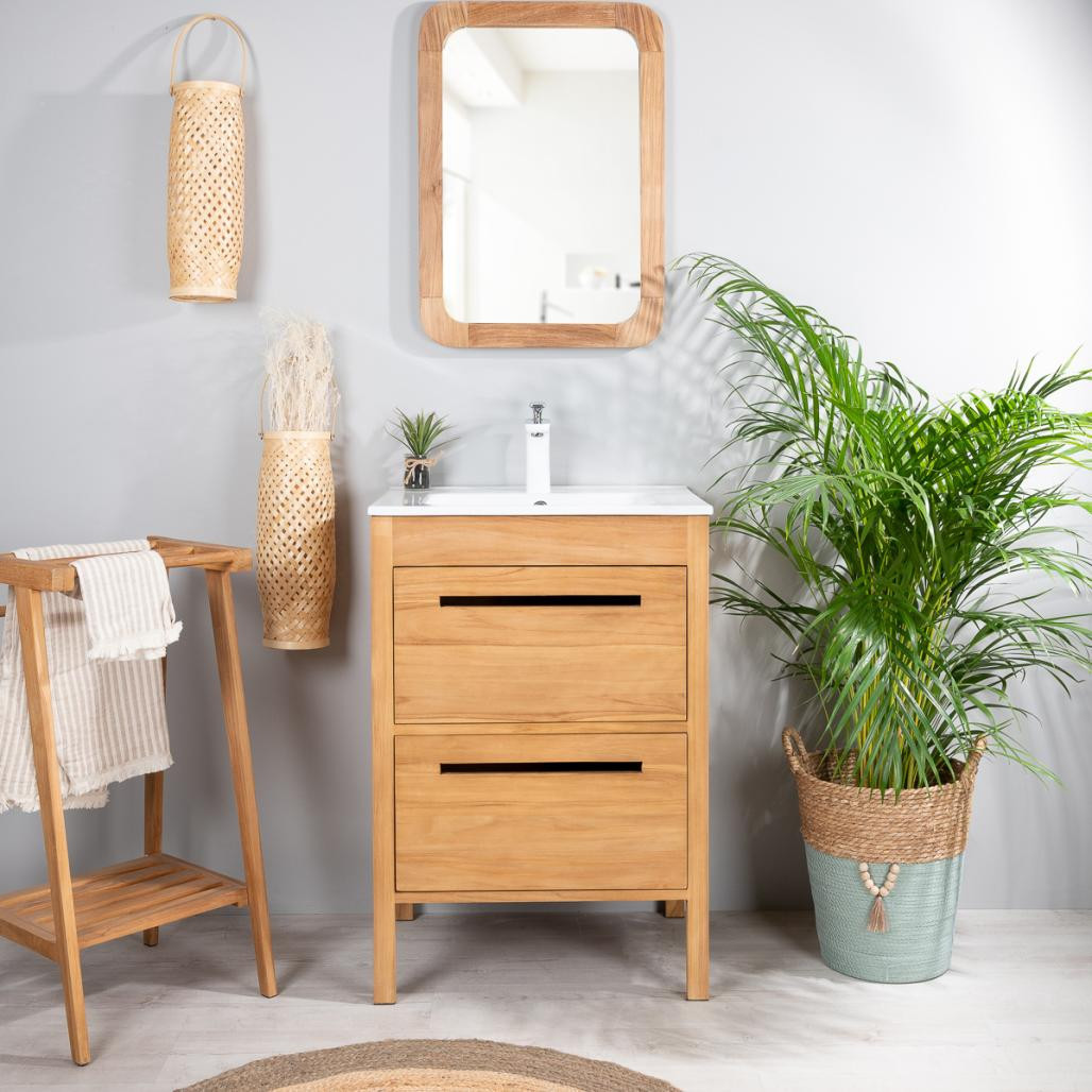 Meuble salle de bain en teck et céramique Sira 60 cm Meuble salle de bain en teck et céramique Sira 60 cm