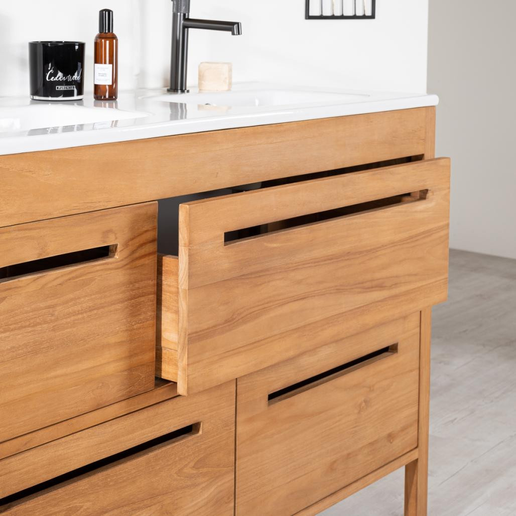 Meuble salle de bain en teck massif et céramique Sira 120 cm