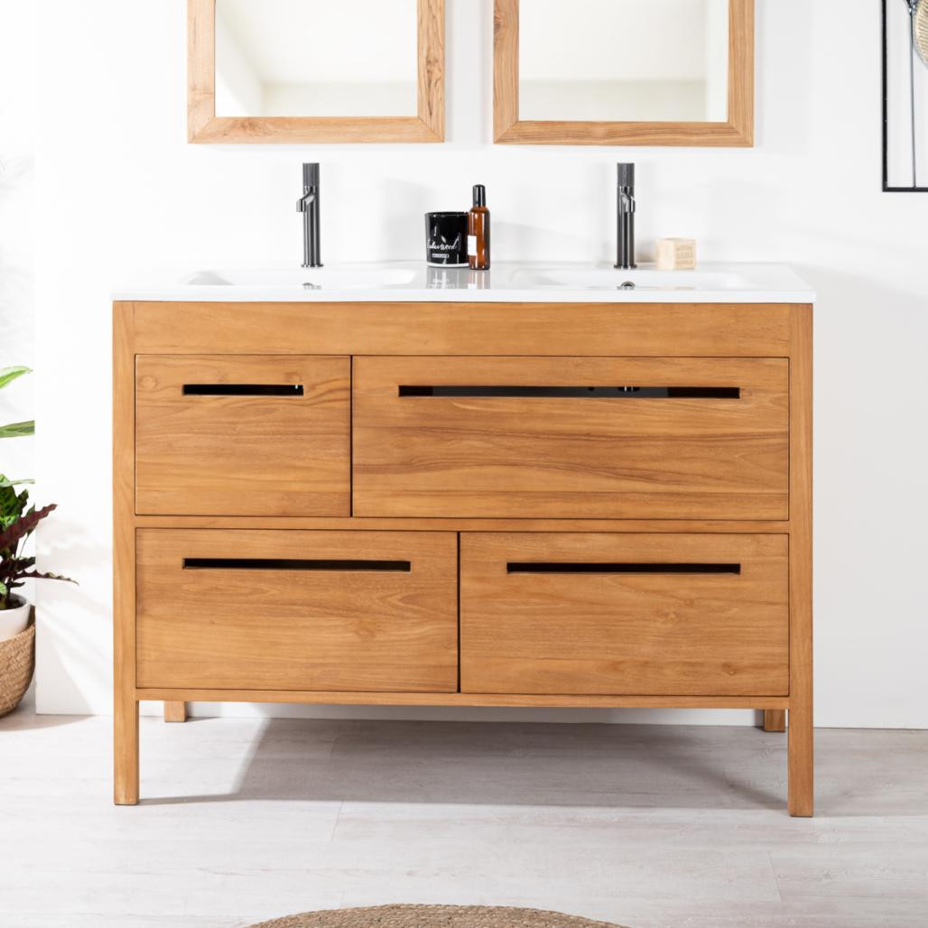 Meuble salle de bain en teck massif et céramique Sira 120 cm