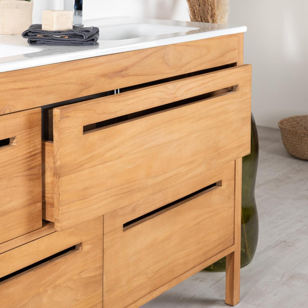 Meuble salle de bain en teck massif et céramique Sira 140 cm Meuble salle de bain en teck massif et céramique Sira 140 cm