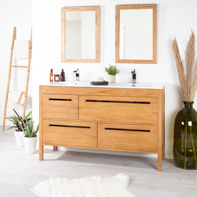 Meuble salle de bain en teck massif et céramique Sira 140 cm