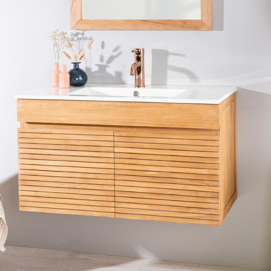 Meuble salle de bain en teck et céramique Aktual 90 cm Meuble salle de bain en teck et céramique Aktual 90 cm