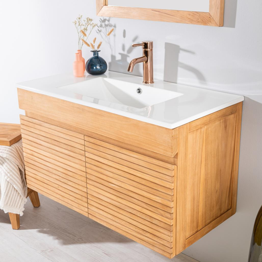 Meuble salle de bain en teck et céramique Aktual 90 cm Meuble salle de bain en teck et céramique Aktual 90 cm