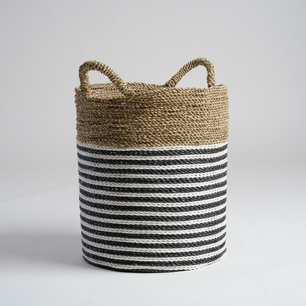 Panier en jonc de mer noir et blanc L Pika Panier en jonc de mer noir et blanc L Pika