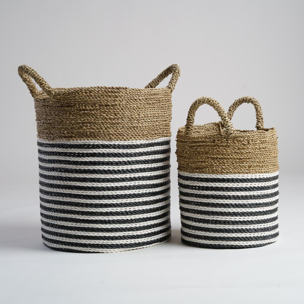Panier en jonc de mer noir et blanc L Pika Panier en jonc de mer noir et blanc L Pika
