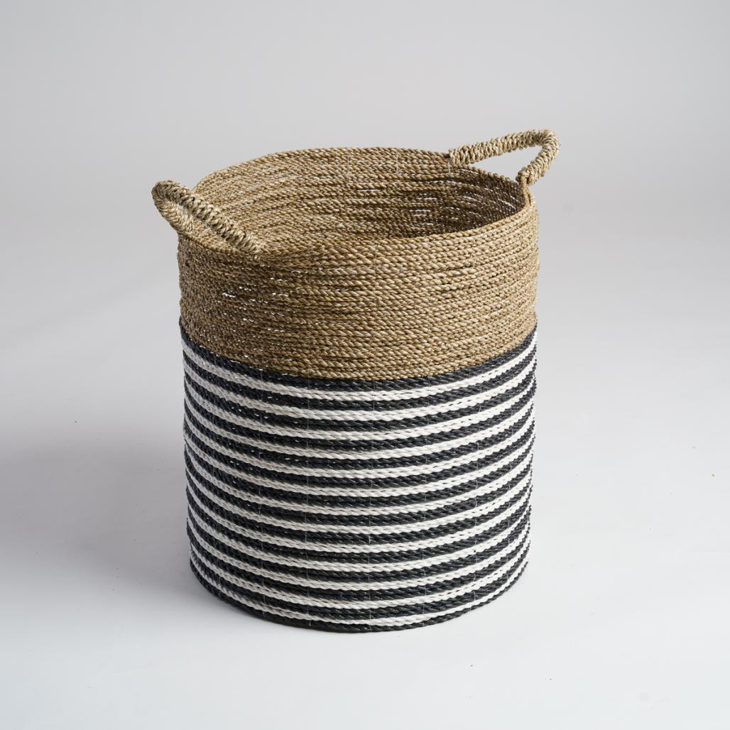 Grand panier en jonc de mer noir et blanc XL Pika