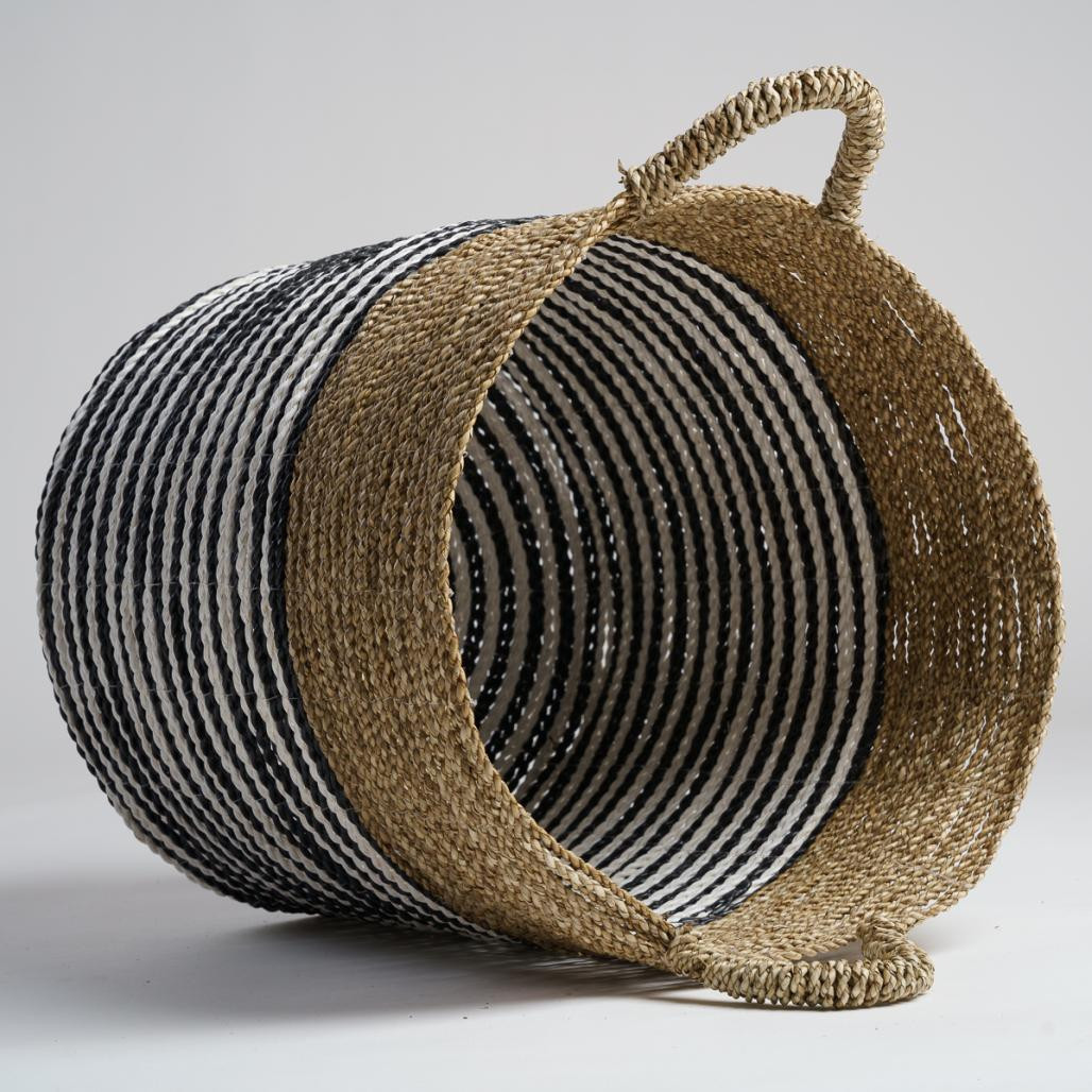 Grand panier en jonc de mer noir et blanc XL Pika