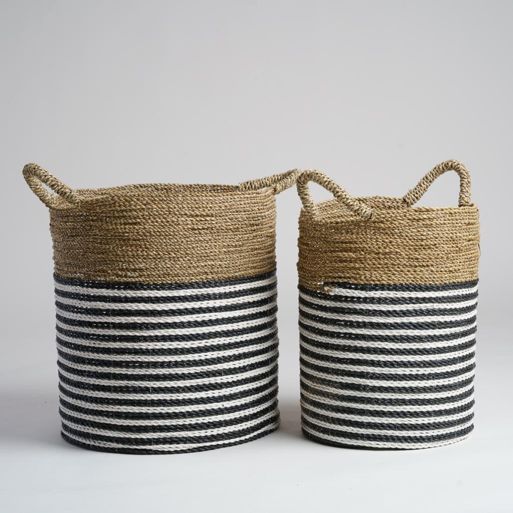 Lot de 2 paniers en jonc de mer noir et blanc XL-M Pika