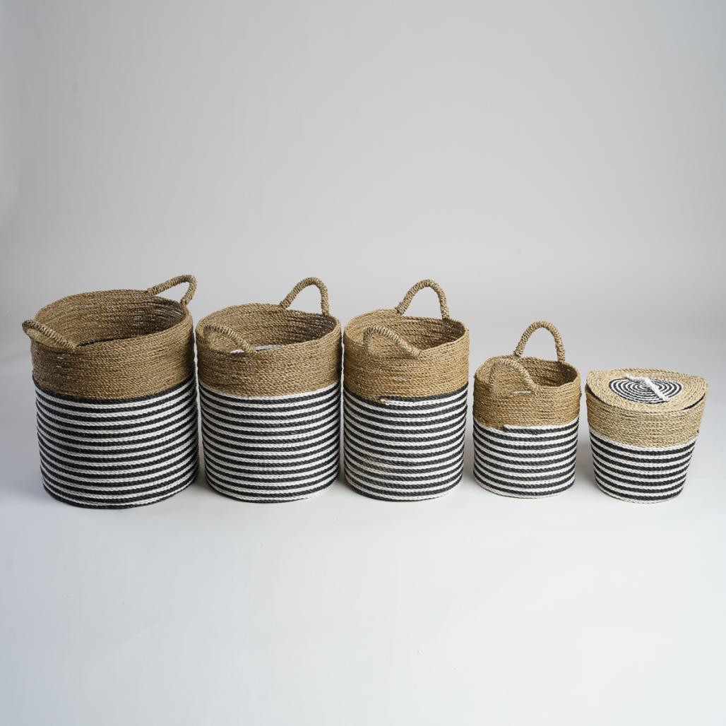 Lot de 2 paniers en jonc de mer noir et blanc XL-M Pika