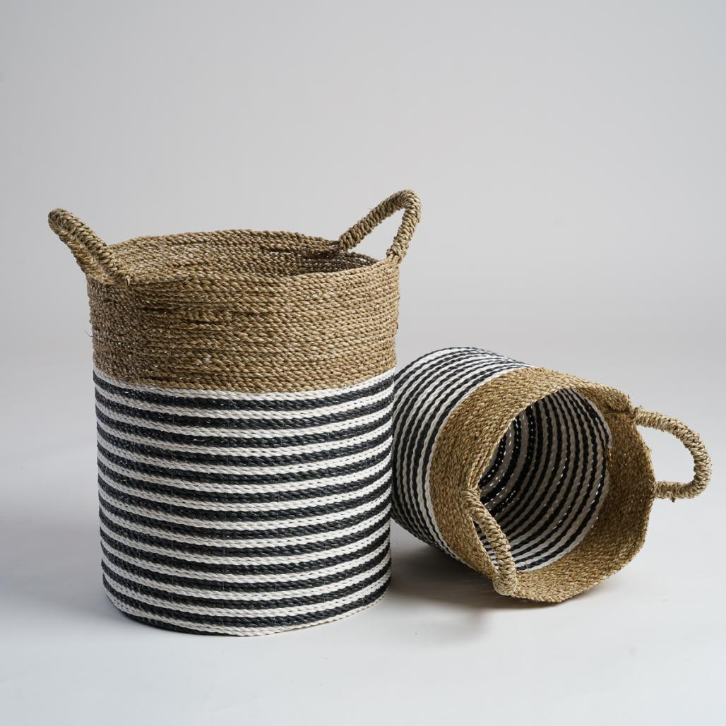 Lot de 2 paniers en jonc de mer noir et blanc L-S Pika
