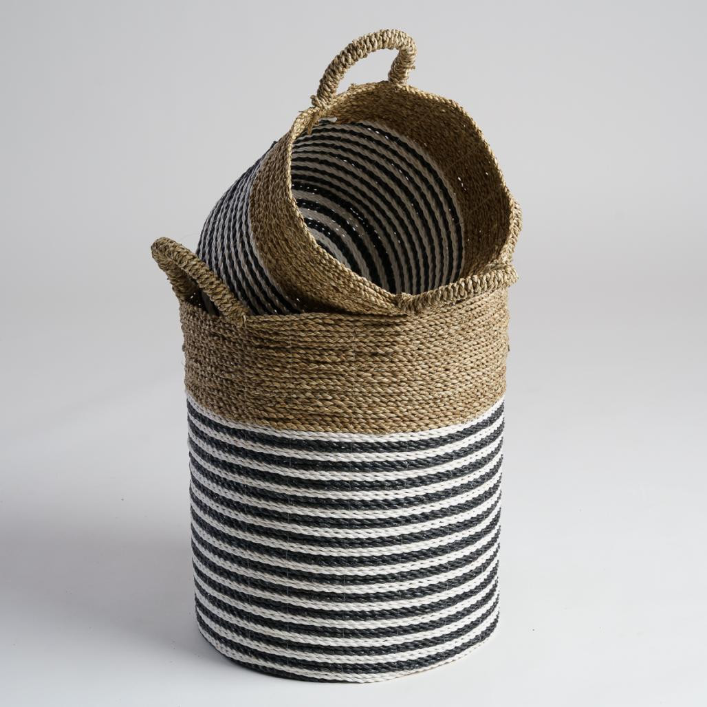 Lot de 2 paniers en jonc de mer noir et blanc L-S Pika