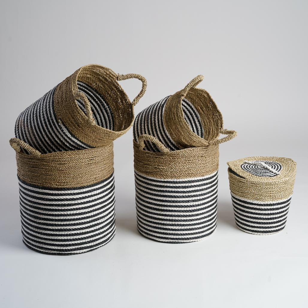 Lot de 2 paniers en jonc de mer noir et blanc L-S Pika