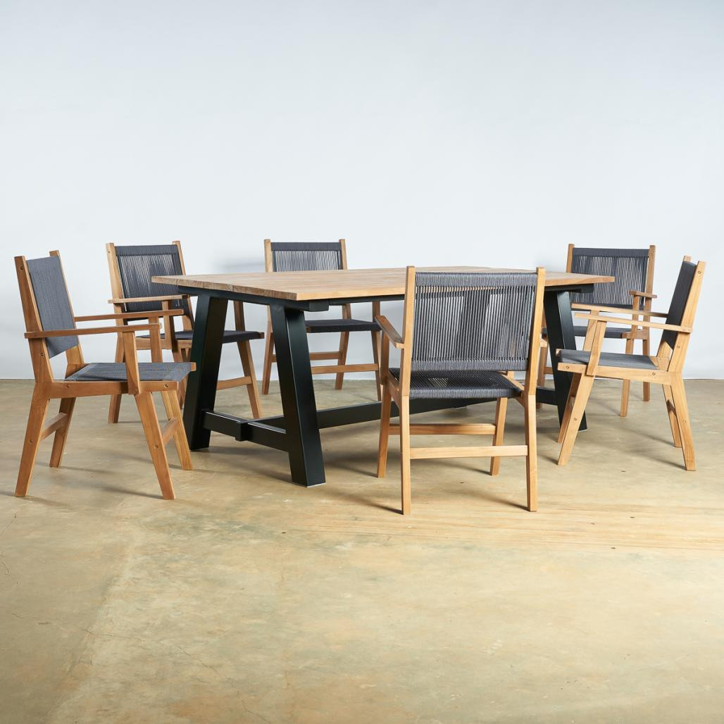 Ensemble table de jardin en teck et 6 fauteuils dark grey