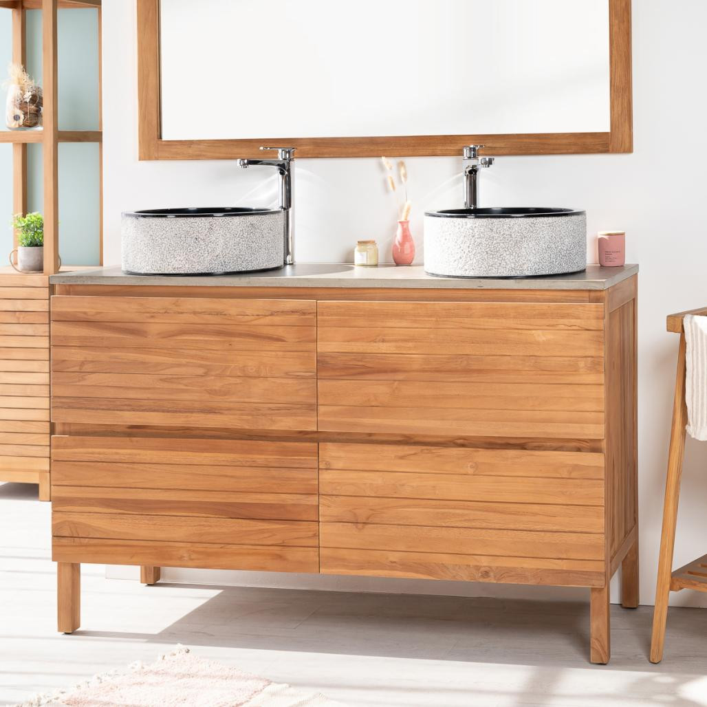 Meuble salle de bain en teck massif et béton Toni 140 cm Meuble salle de bain en teck massif et béton Toni 140 cm