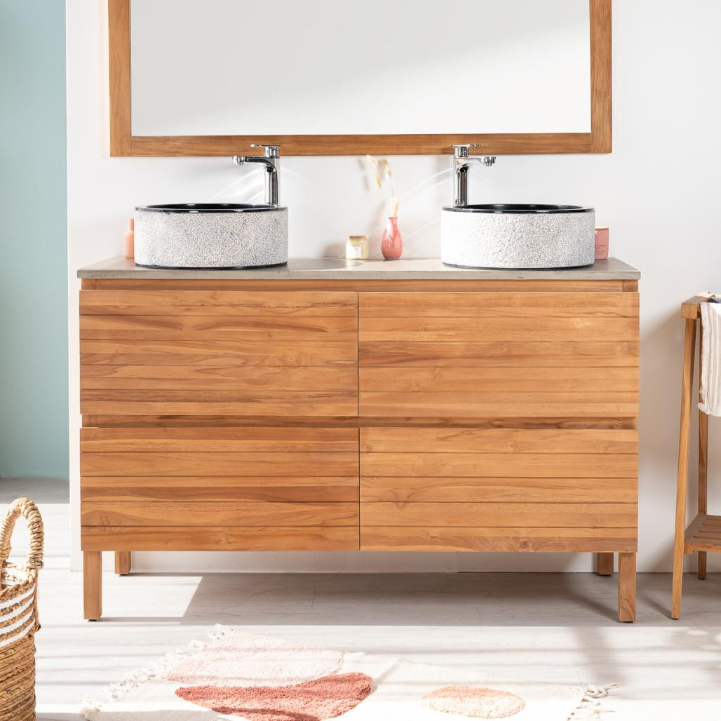 Meuble salle de bain en teck massif et béton Toni 140 cm Meuble salle de bain en teck massif et béton Toni 140 cm