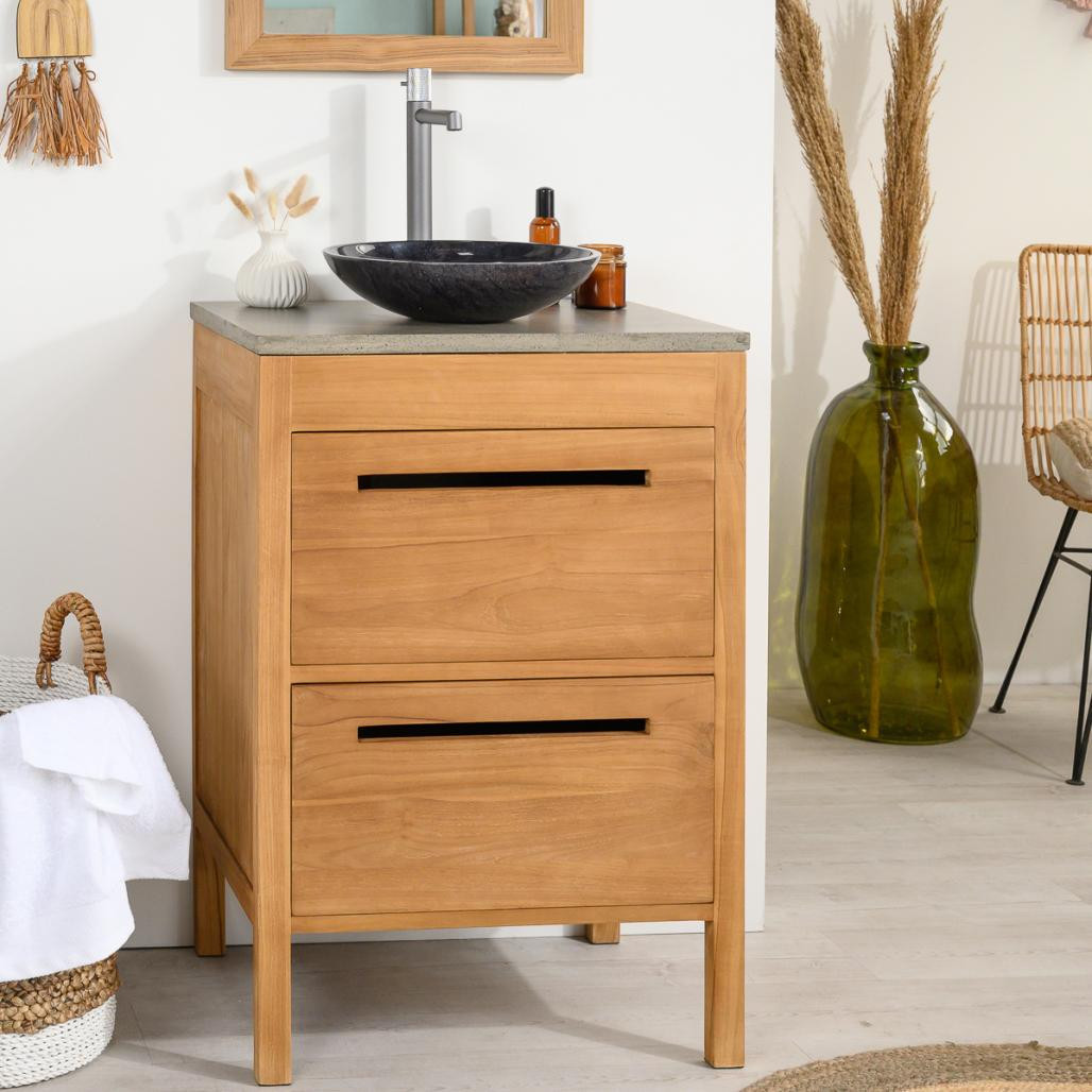 Meuble salle de bain en teck et béton Sira 60 cm Meuble salle de bain en teck et béton Sira 60 cm