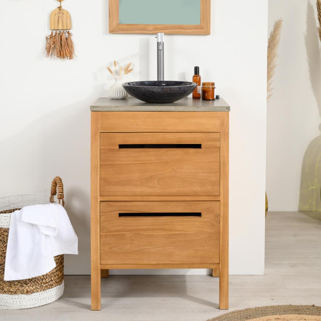 Meuble salle de bain en teck et béton Sira 60 cm Meuble salle de bain en teck et béton Sira 60 cm