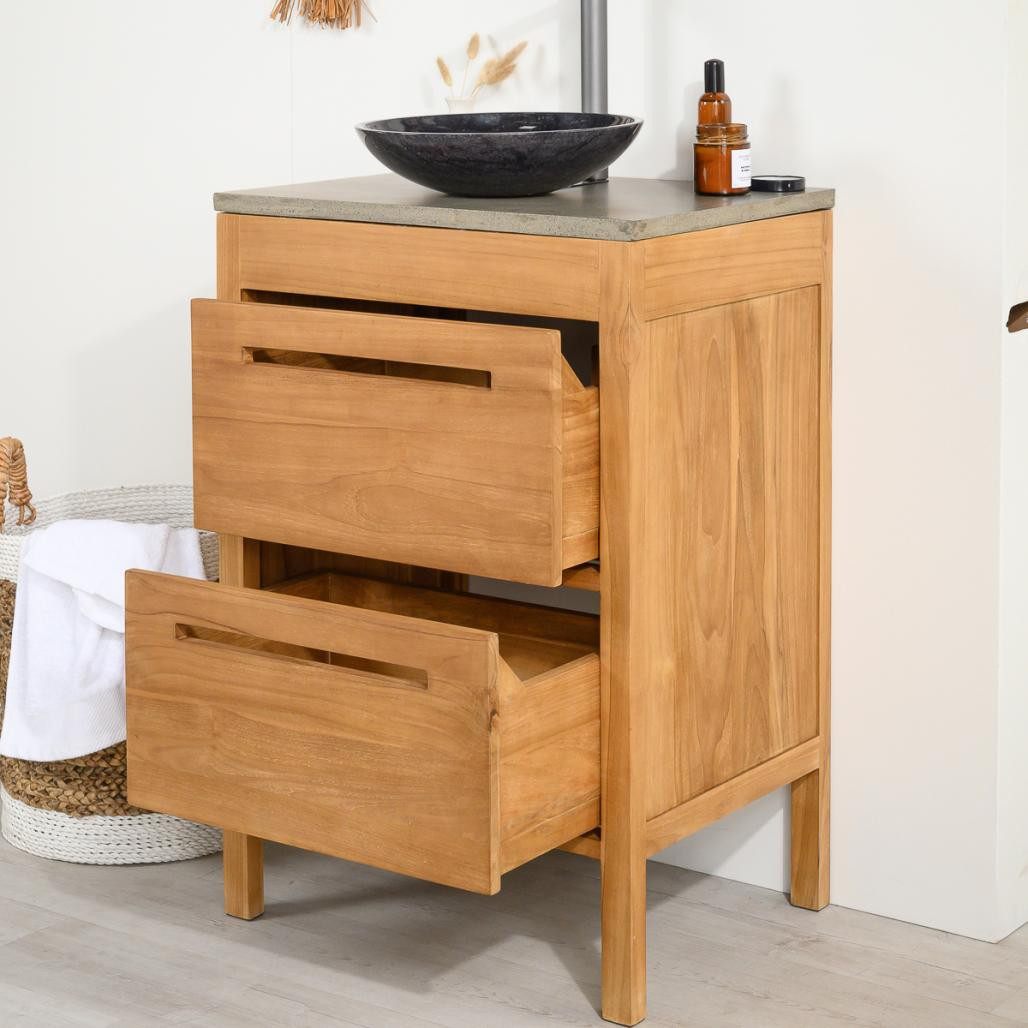 Meuble salle de bain en teck et béton Sira 60 cm Meuble salle de bain en teck et béton Sira 60 cm