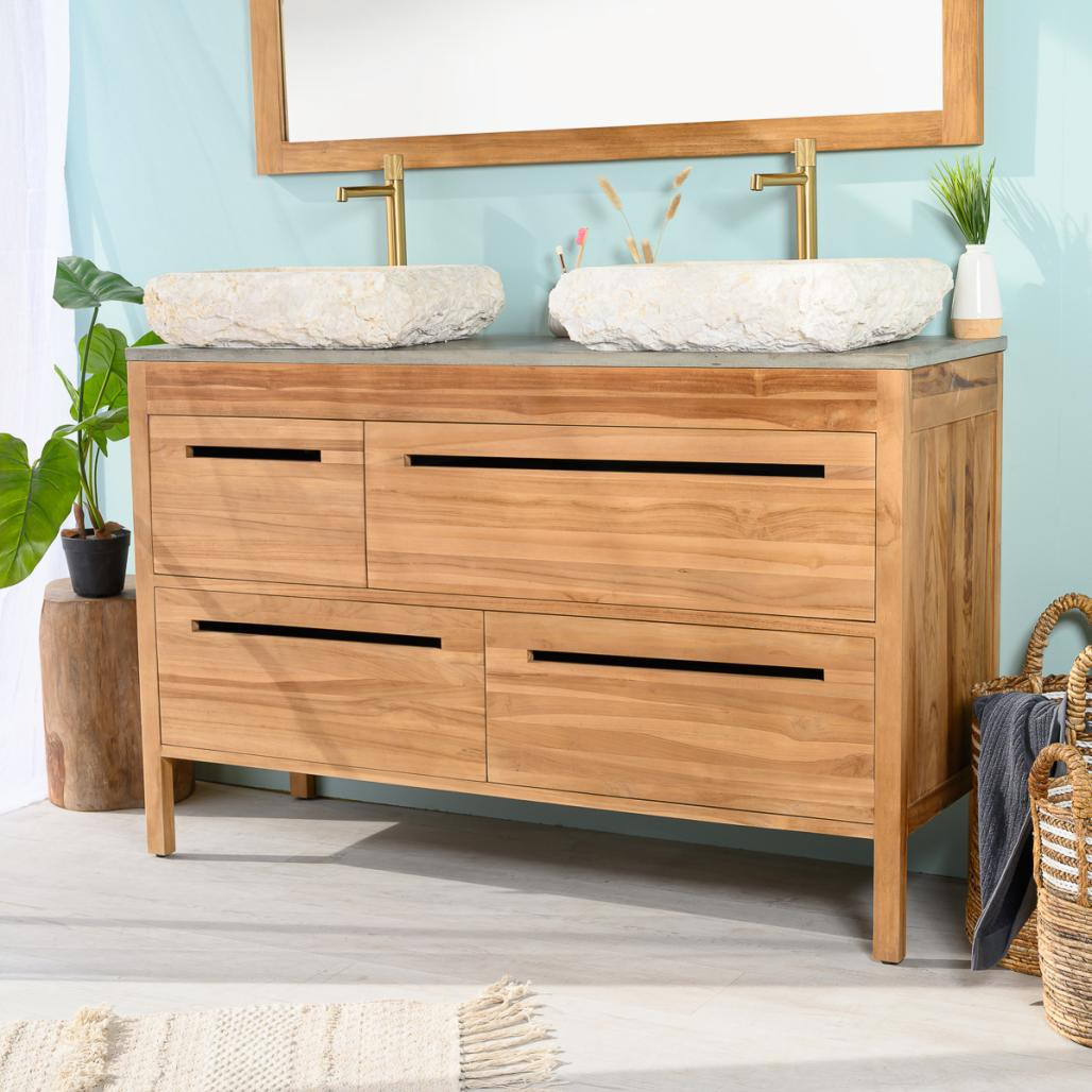 Meuble salle de bain en teck et béton Sira 140 cm Meuble salle de bain en teck et béton Sira 140 cm