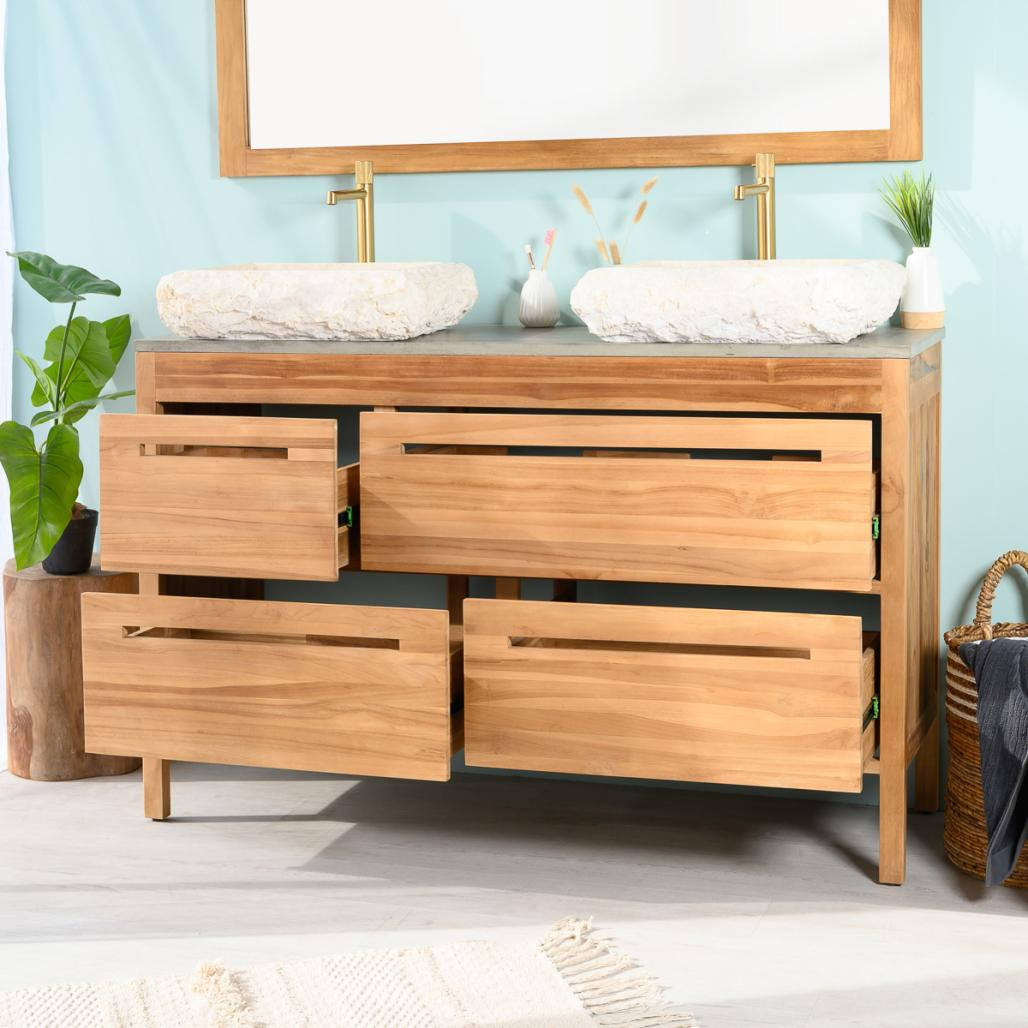 Meuble salle de bain en teck et béton Sira 140 cm Meuble salle de bain en teck et béton Sira 140 cm