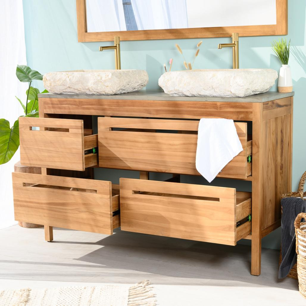 Meuble salle de bain en teck et béton Sira 140 cm Meuble salle de bain en teck et béton Sira 140 cm