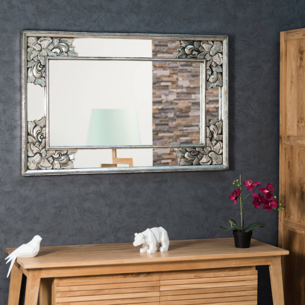 Miroir déco en bois patiné Mathilde argent 1m10 x 70cm