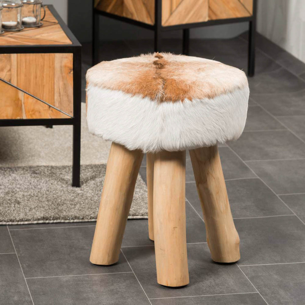 Tabouret bois : tabouret design, rond, peau de chÃ¨vre, Lodge