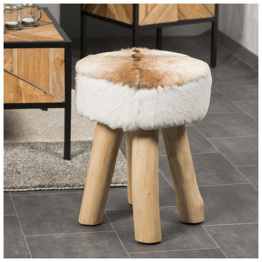 Tabouret bois : tabouret design, rond, peau de chÃ¨vre, Lodge