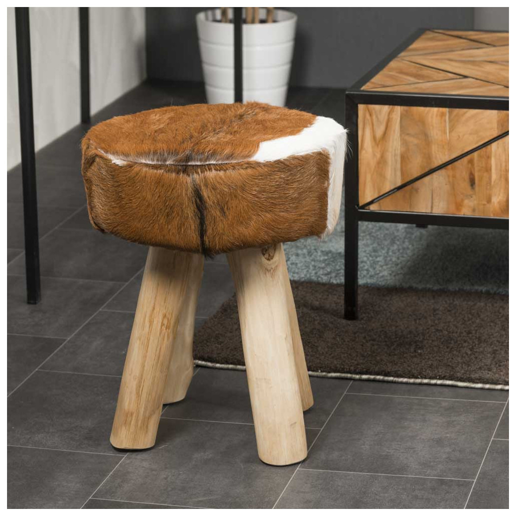 Tabouret bois : tabouret design, rond, peau de chÃ¨vre, Lodge