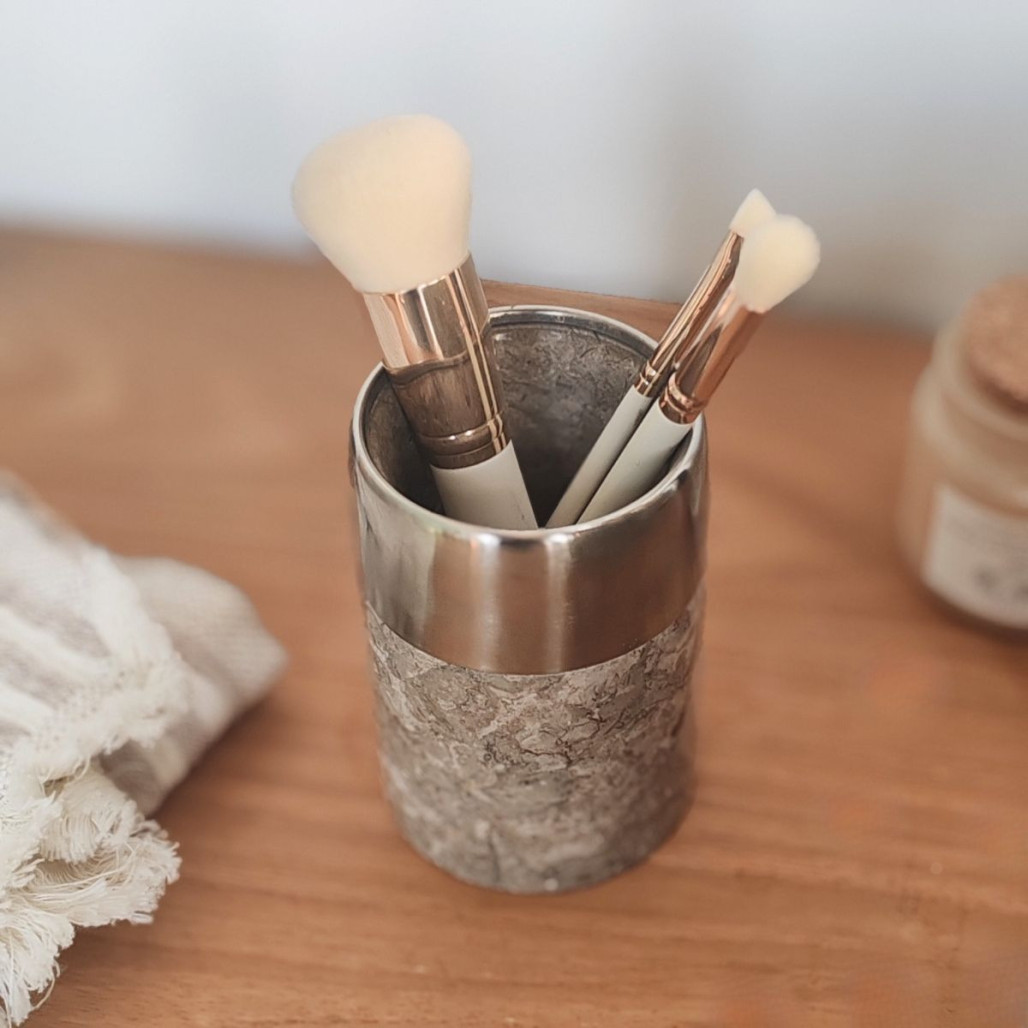 Gobelet salle de bain en marbre et inox gris Gobelet salle de bain en marbre et inox gris